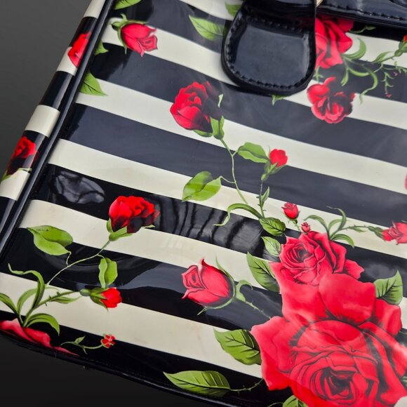 Y2K Glossy Top Handle Shoulder Bag Black White Striped Red Rose Floral Emo Goth - Picture 4 of 14